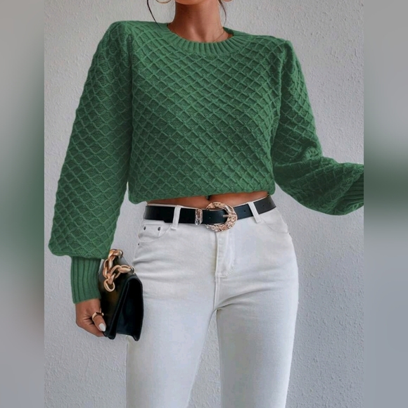 New Chic Chunky Argyle Knit Sweater Top Pullover Green - Picture 5 of 9